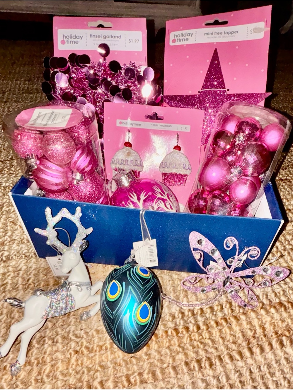 Holiday Time Pink Glitter Ornament and Tree Topper Holiday Set